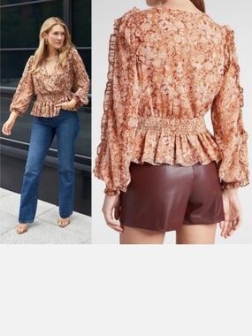 Express Rust Floral Smocked Peplum Blouse